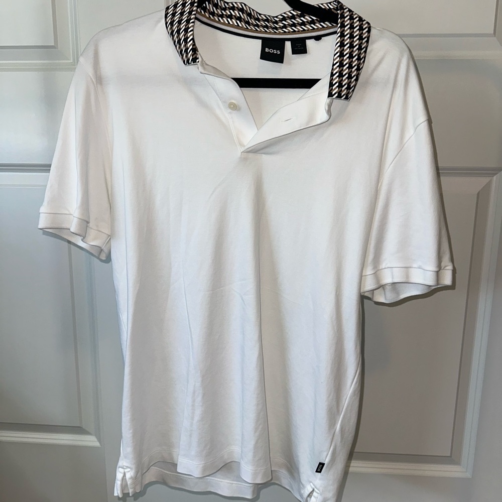 Boss White Polo Shirt with Patterned Collar